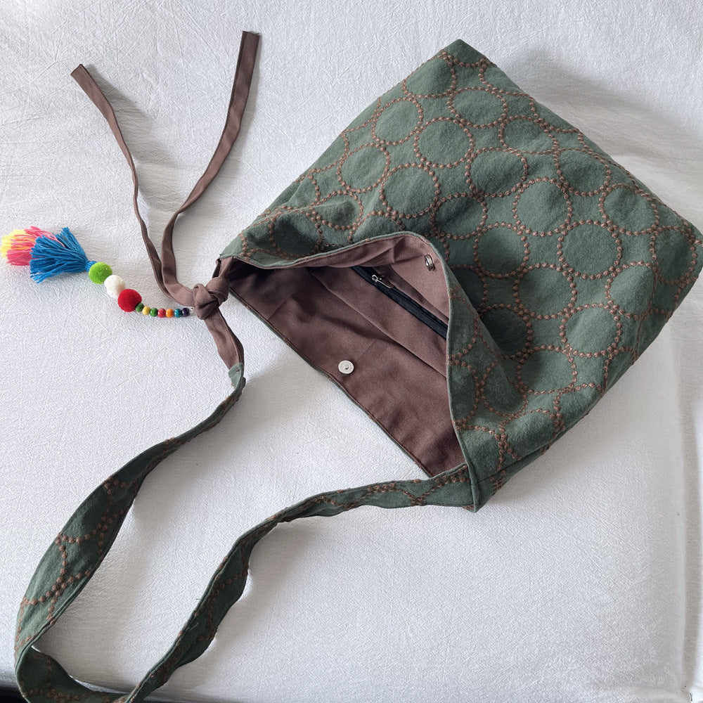 Medium Ming Style Tambourine Flower Linen Embroidered Women's Messenger Bag