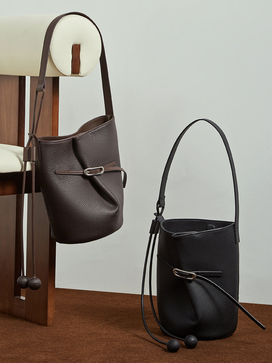 Women's Layer Cowhide Design Simple Commute Genuine Leather Large Capacity Bucket Bags
