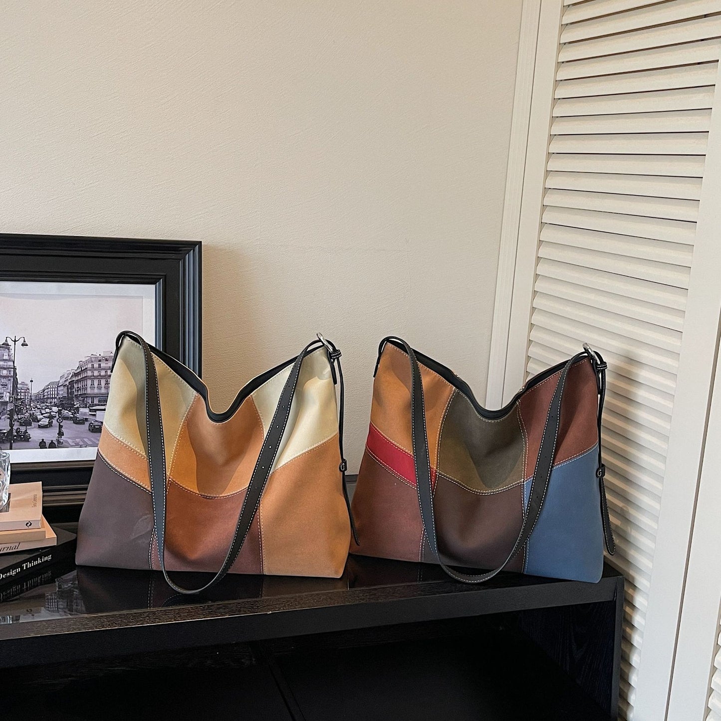 Large Capacity Trendy Shopping Fashion Simple Plaid Color Matching Tote Bag