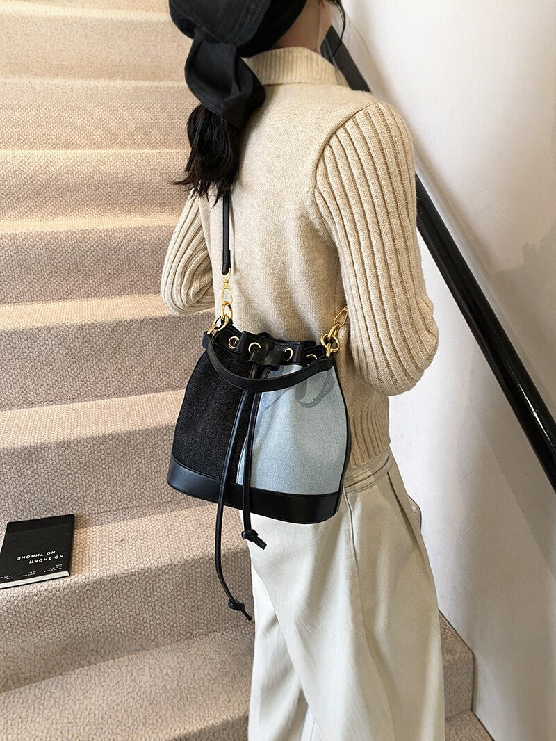 Contrast Patchwork Portable Female Korean Style Niche Drawstring Bundle Bags