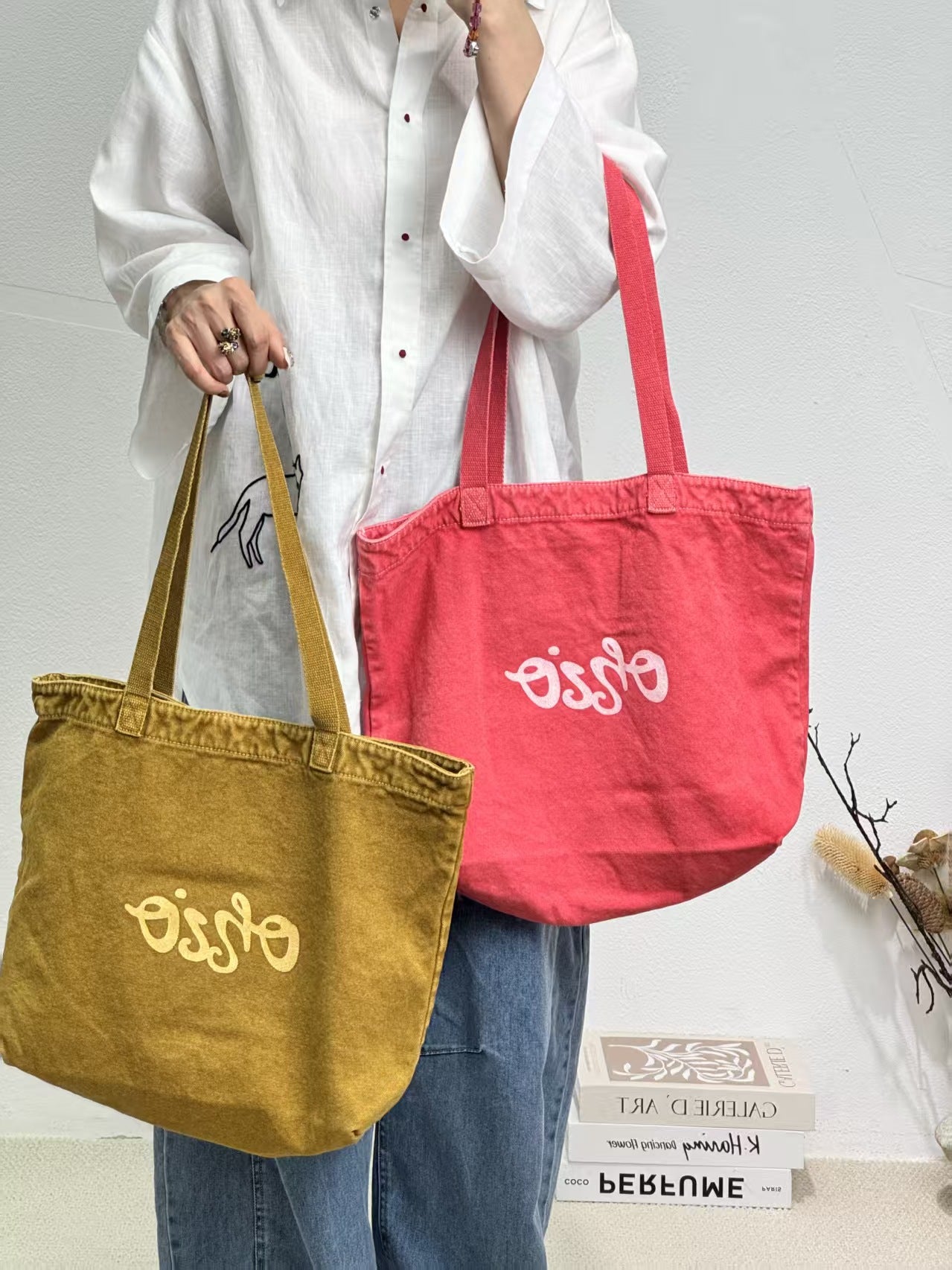 Canvas Washed Letter Embroidery Large Capacity Women's Shoulder Bag