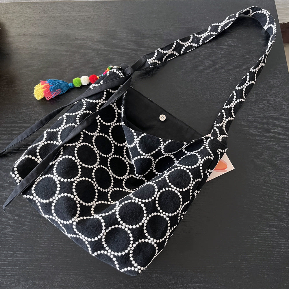 Medium Ming Style Tambourine Flower Linen Embroidered Women's Messenger Bag