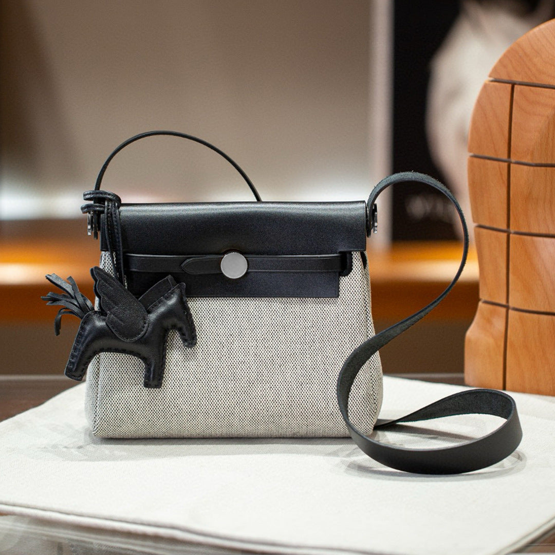 Women's Mini Kelly Cowhide Stitching Canvas Contrast Color Matching Bags