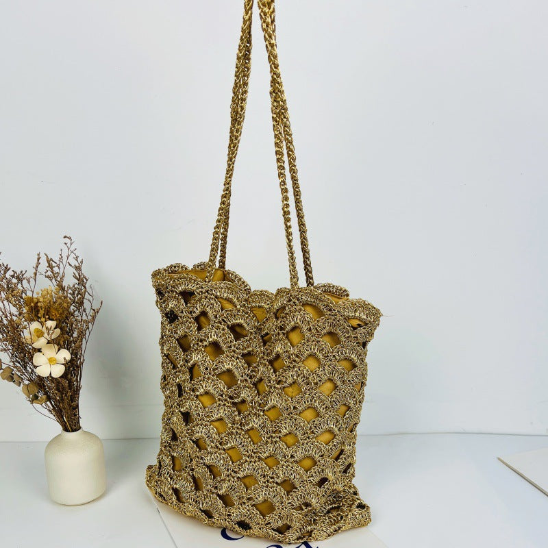 Women's Gold Sier Hollow Straw Woven Handmade Wave Pattern Women's Shoulder Bag