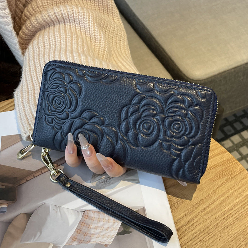 Women's Real Leather Long Single Zipper Fashion Camellia First Layer Ladies Wallet