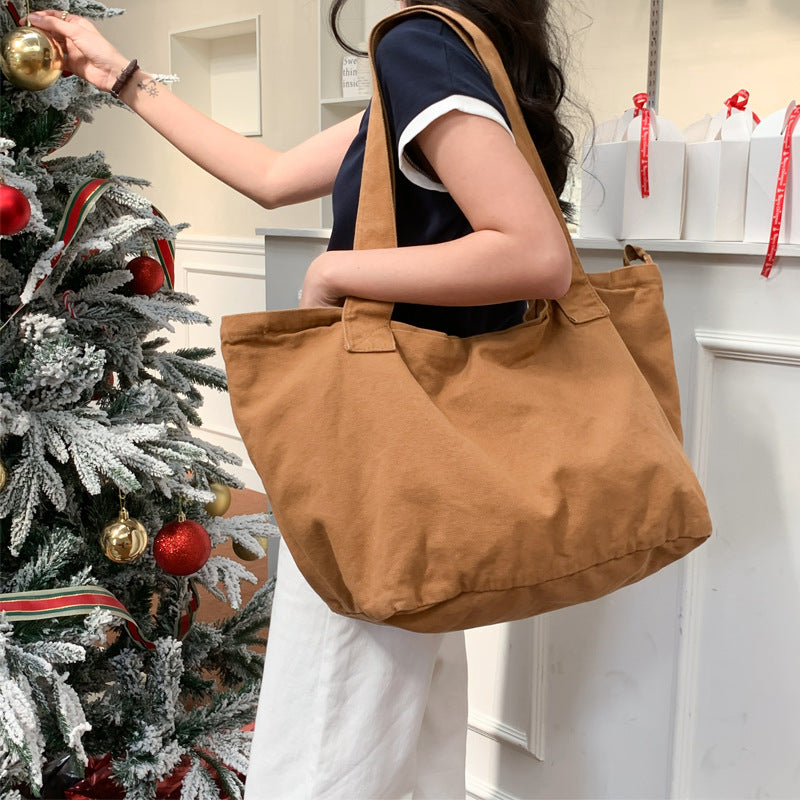 Large Capacity Simple Zipper Korean Style Washed Canvas Shoulder Bags