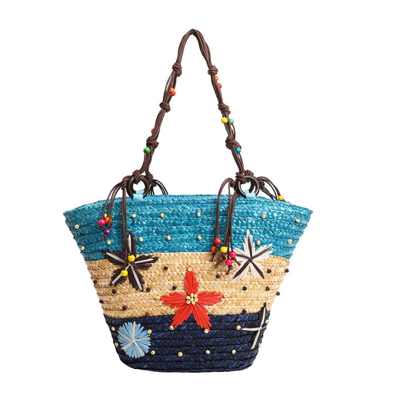Women's Contrast Color Straw Beaded Weave Seaside Women's Shoulder Bag