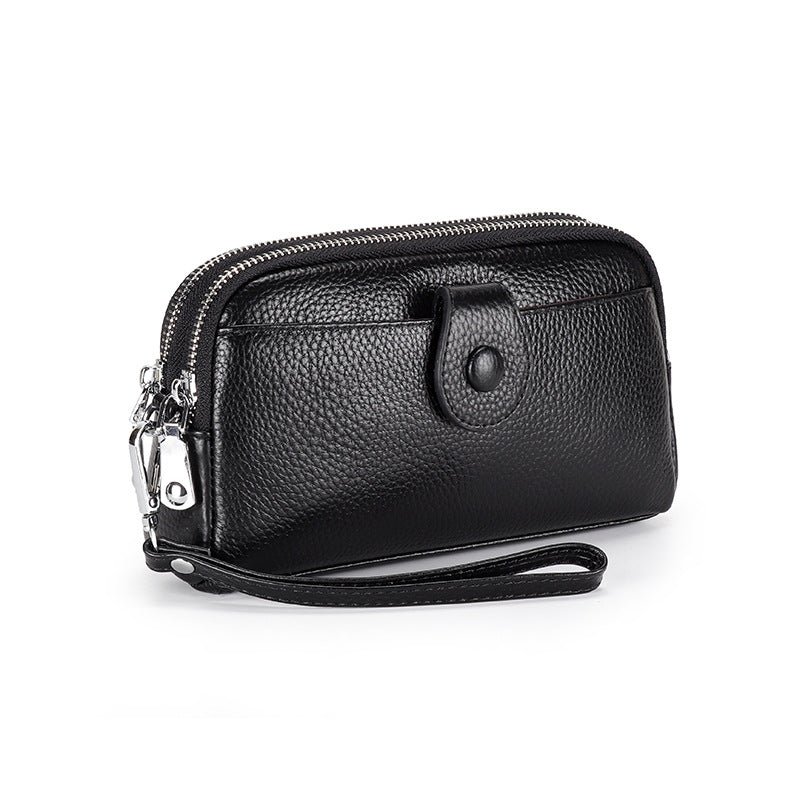 Women's Genuine Leather Chain Layer Cowhide Double Zipper Women's Clutch