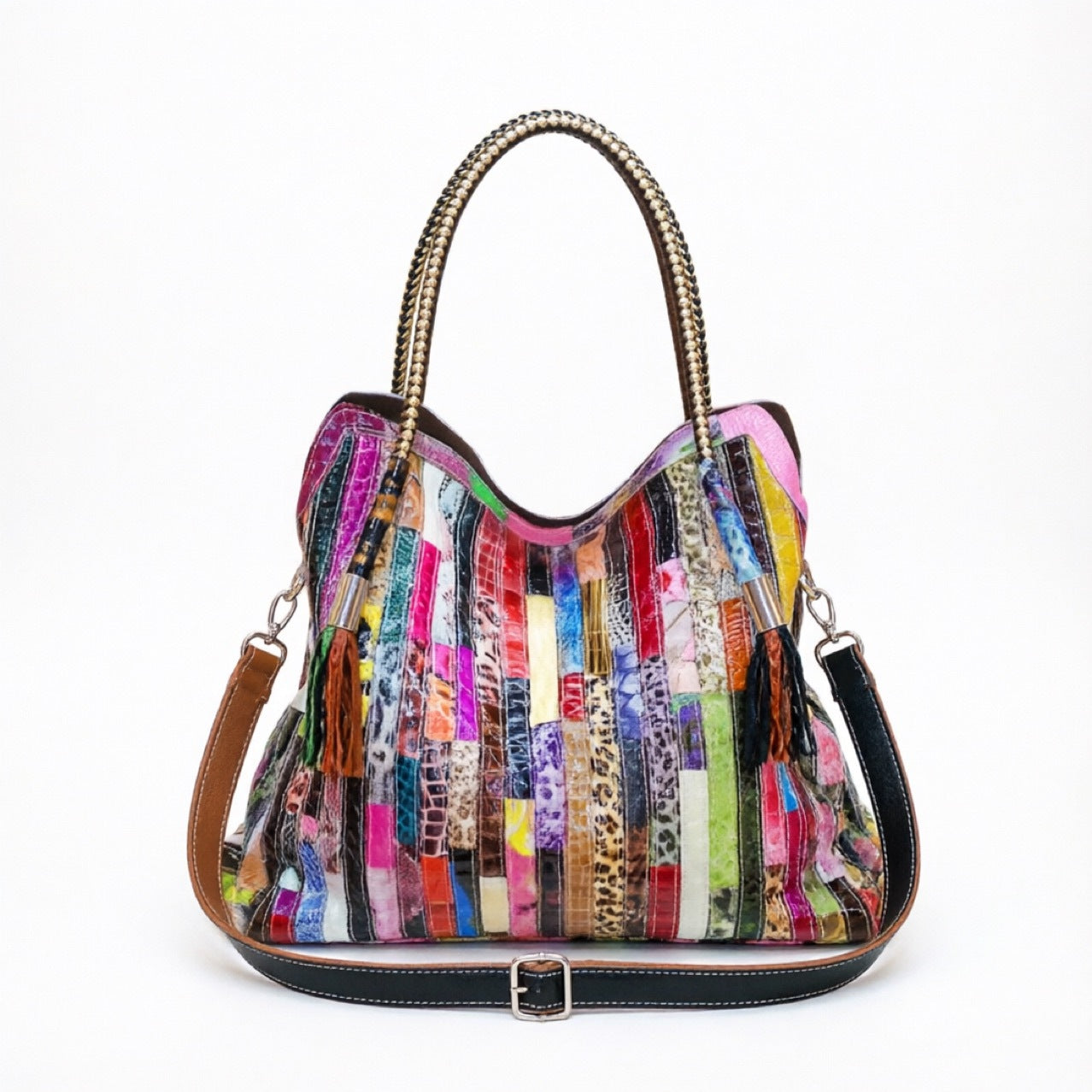 Women's Snake Pattern Leather Stitching Contrast Color Tassel Bags