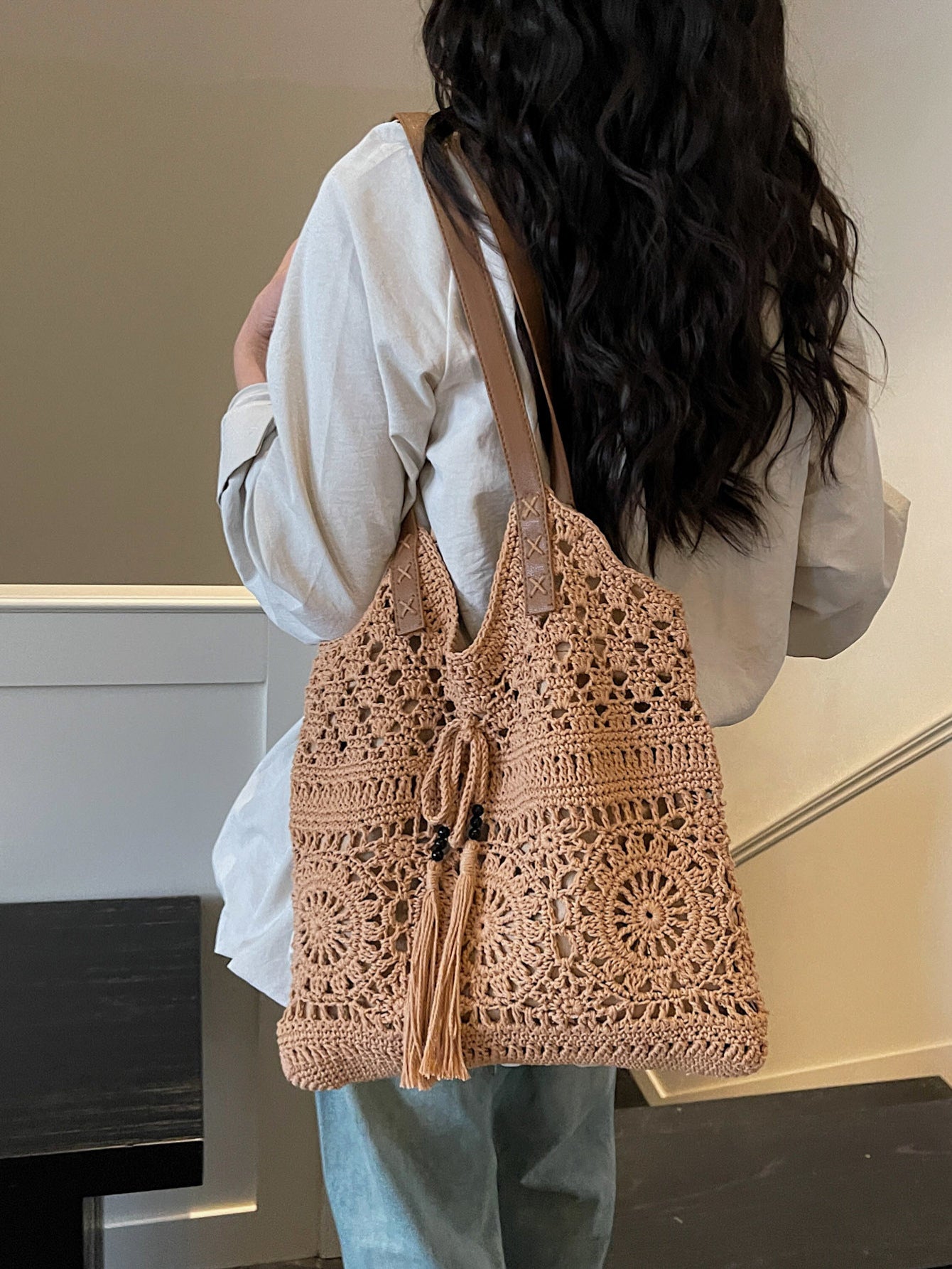 Tassel Cotton Thread Woven Hollow Pattern Bearded Needle Leisure Vacation Bags