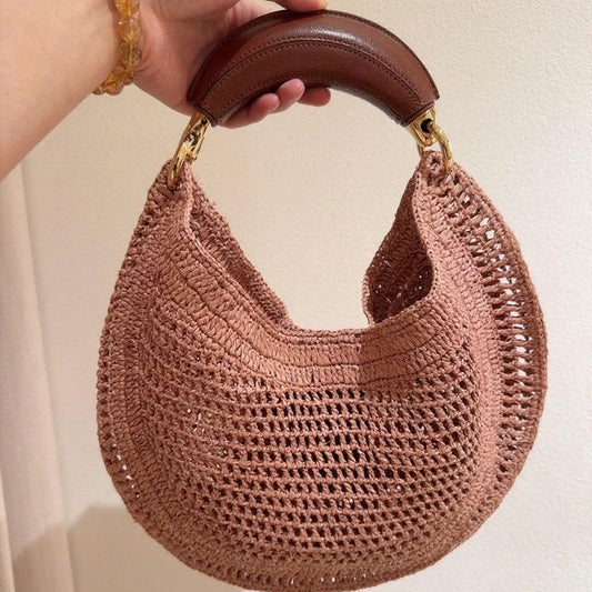 Design Straw Woven Moon Soft Leather Textured Women's Shoulder Bag