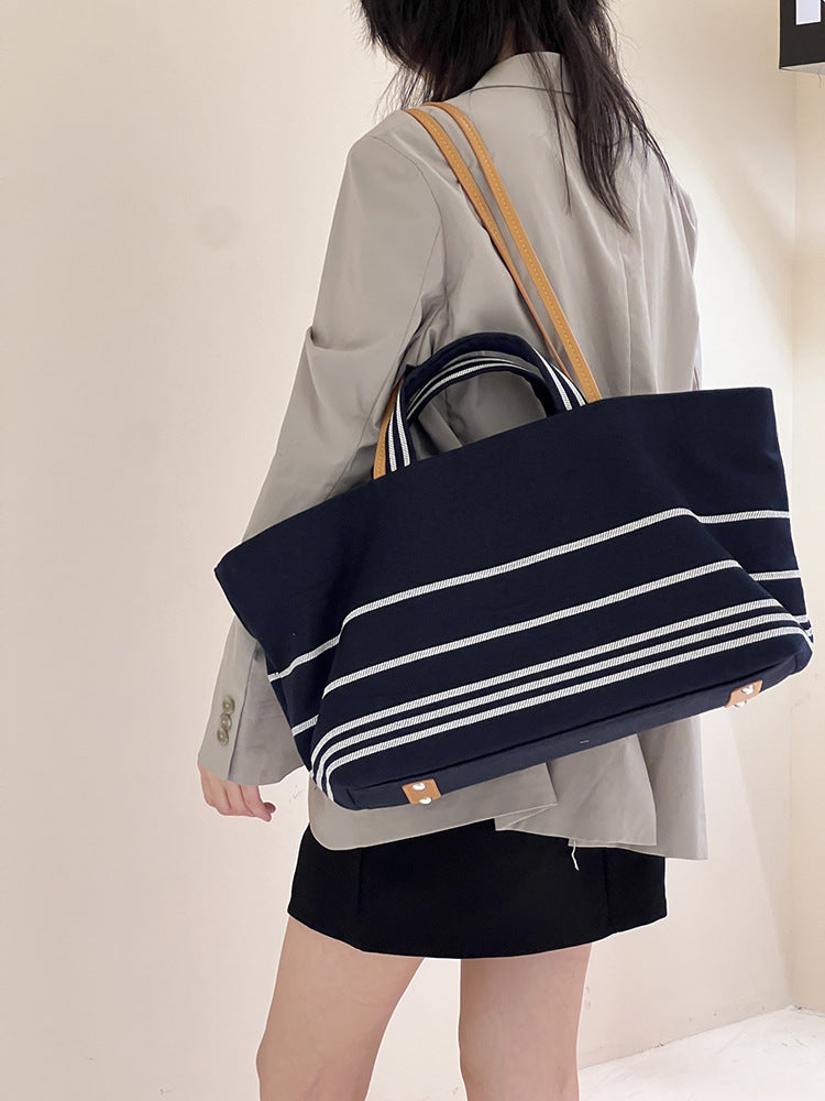 Women's Large Capacity Totes Canvas Striped Dark Blue Portable Travel Bags