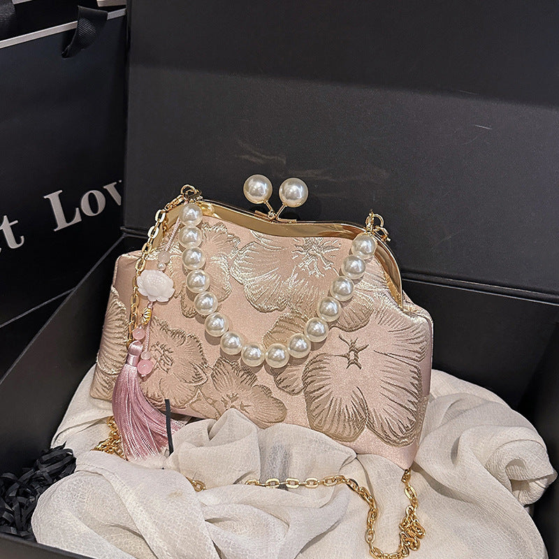 Women's Embroidered Flower Dinner Pearl Tassel Chain Small Square Bag