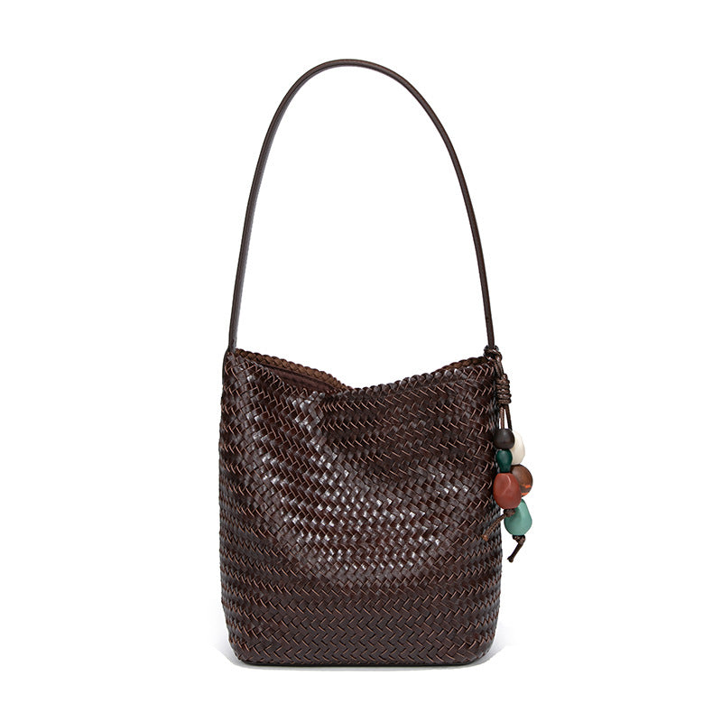 Tanned Soft Leather Woven Large Capacity Design Bucket Bag