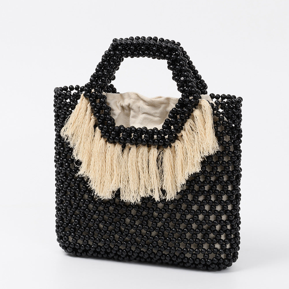 Women's With Wooden Beads Decoration Ethnic Style Hand-woven Bags