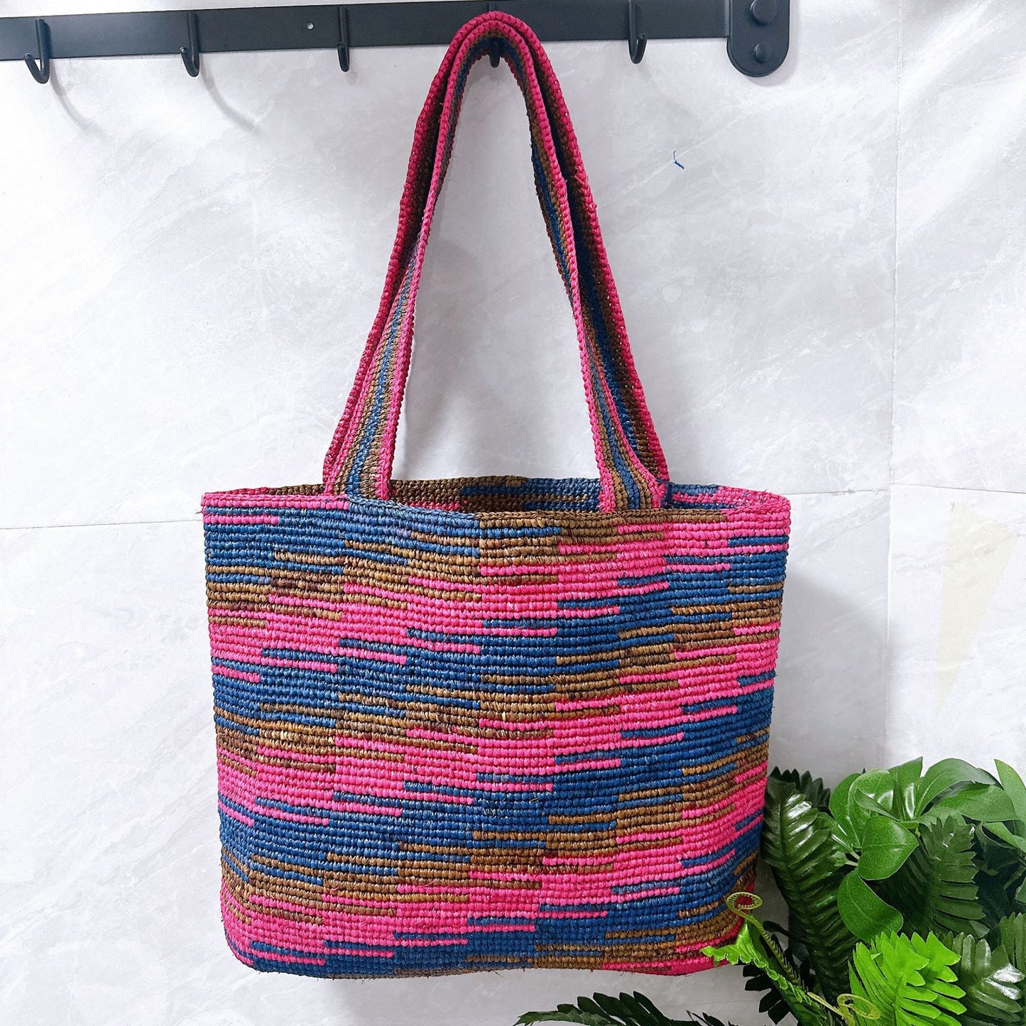 Women's Raffia Striped Color Matching Woven Commuter Hand Crocheting Bags