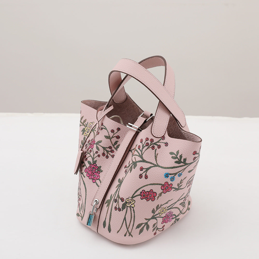 Women's First Layer Cowhide Painted Vegetable Basket Portable Genuine Bags