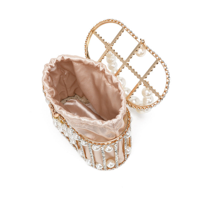 Bird Cage Hollow Out Vegetable Basket Pearl Banquet Rhinestone Cheongsam Dinner Bag