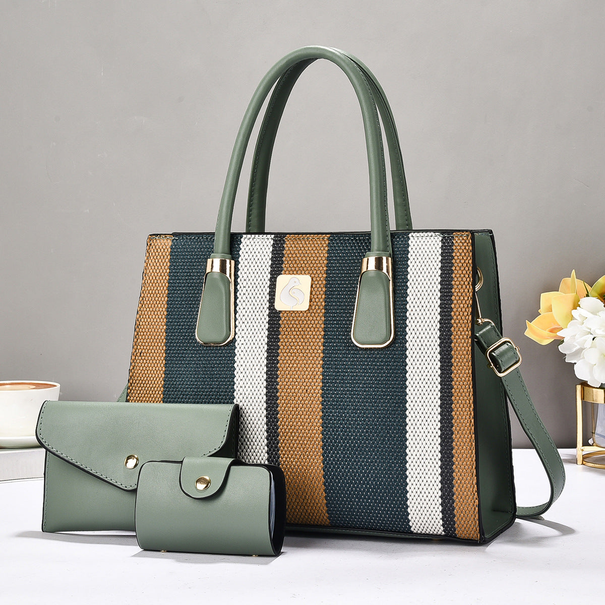 Durable Three-piece Striped Color-matching Versatile Fashion Women's Handbag