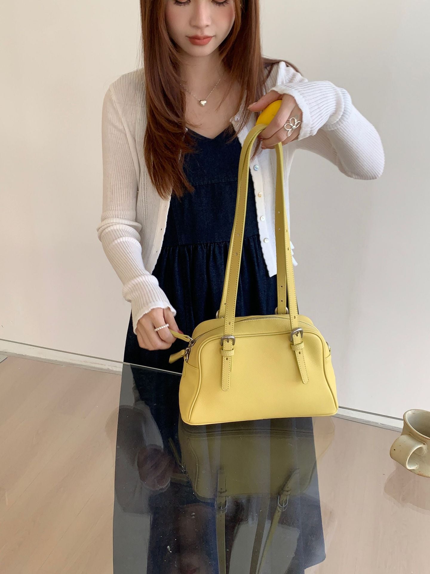 Women's Layer Cowhide Bowling Underarm Large Capacity Commuter Tote Bags