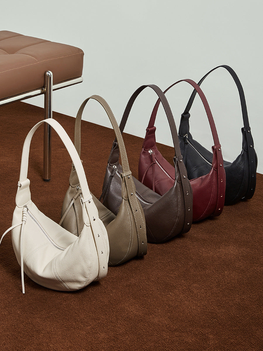 Women's Layer Cowhide Croissant Dumpling Genuine Leather Niche Practical Commuter Solid Bags