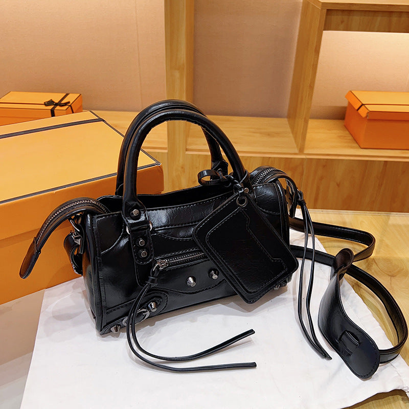 Women's Rivet Oil Leather Motorcycle Fashion Trendy Small Square Bag
