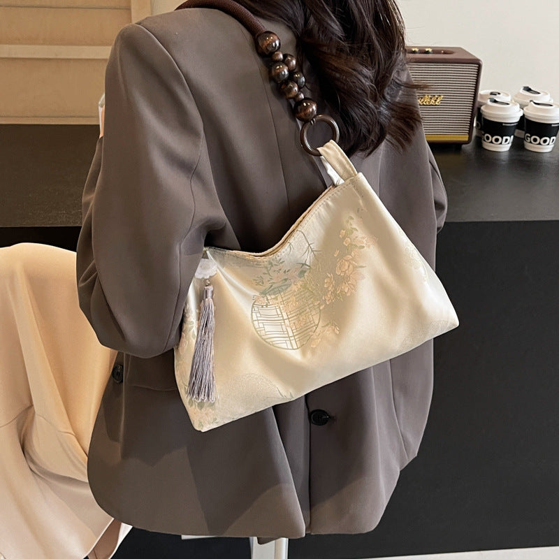National Style Chinese Retro Embroidery Wooden Bead Western Women's Shoulder Bag