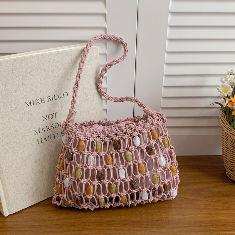 Style Fresh Woven Beaded Contrast Color Large Capacity Advanced Mesh Bags