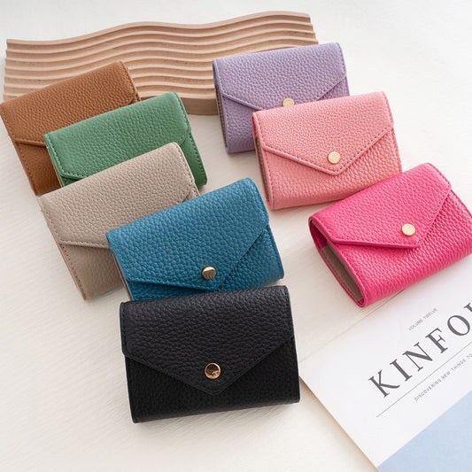 Women's Leather Swiping Multiple Slots Expanding Short Top Layer Cowhide Ladies Wallet
