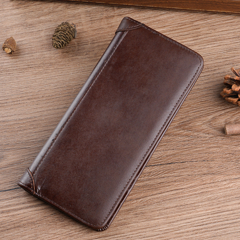 Men's Oil Waxed Leather Long Genuine Vertical Men's Wallet