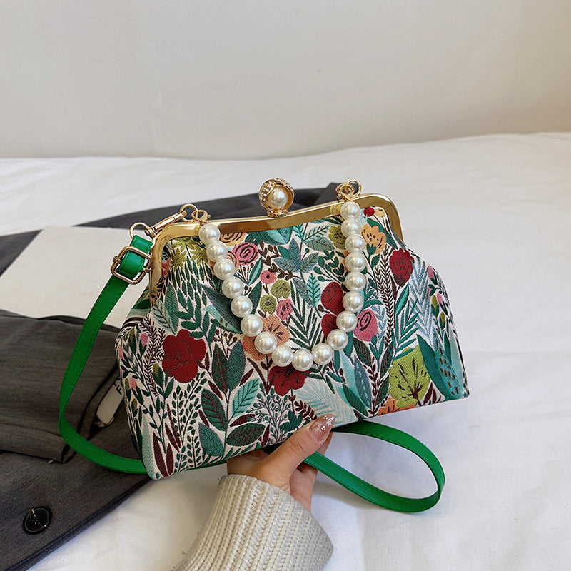 Women's Super Popular Pearl Contrast Color Flower Shell Women's Shoulder Bag