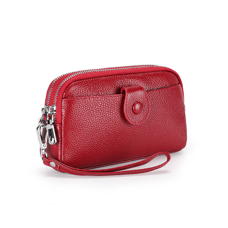 Women's Genuine Leather Chain Layer Cowhide Double Zipper Women's Clutch