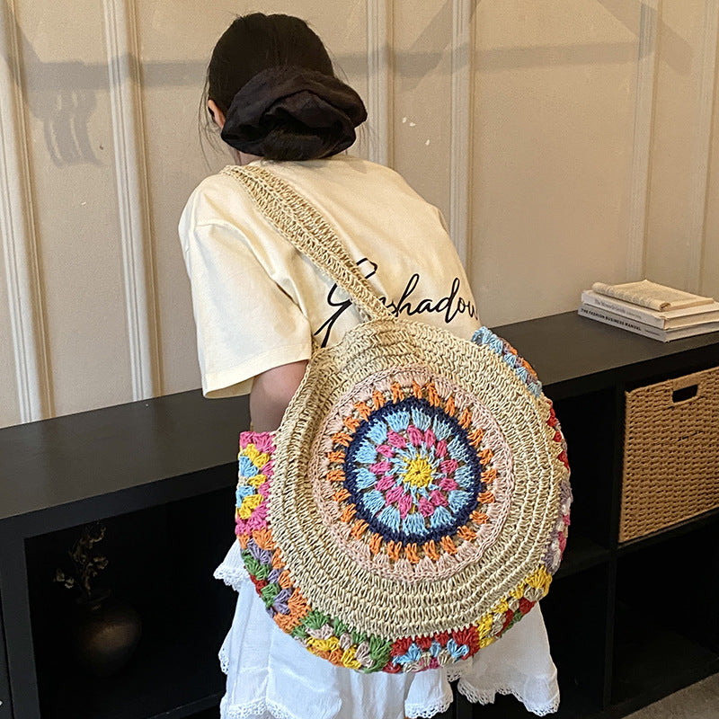Ethnic Style Round Woven Large Capacity Pastoral Straw Shoulder Bags