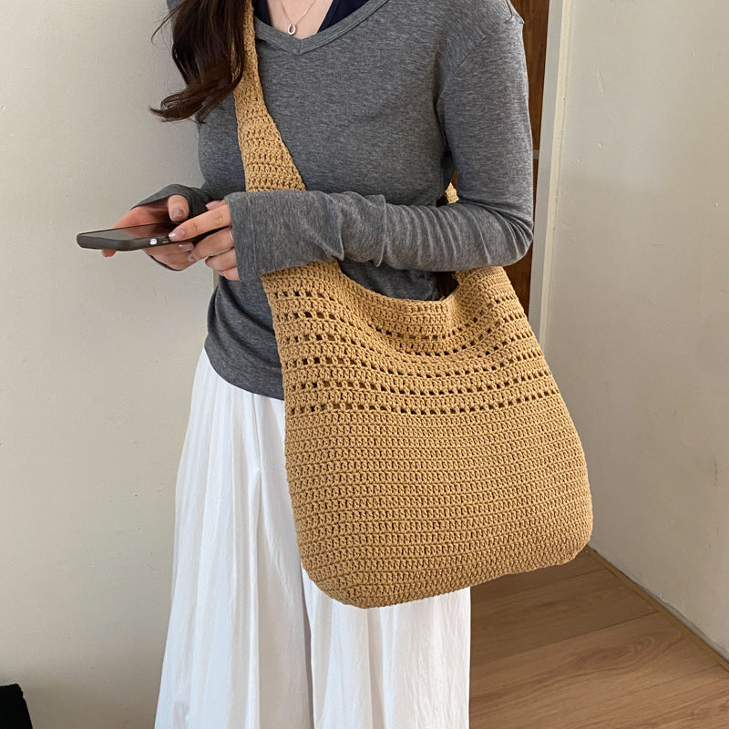 Women's Style Cotton Thread Woven Hollow Large Capacity Tote Bag