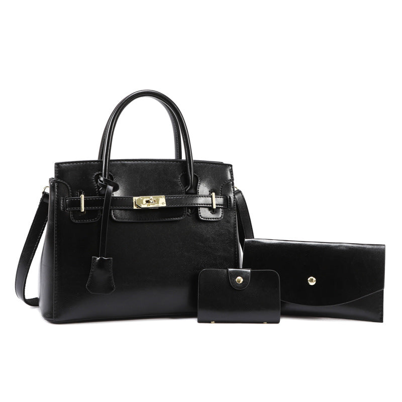Mother Oil Leather Retro Three-piece Large Women's Handbag