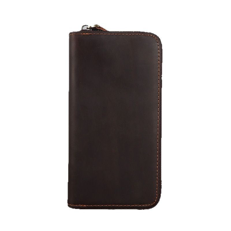 Men's Crazy Horse Leather First Layer Cowhide Zipper Long Retro Handmade Men's Clutch