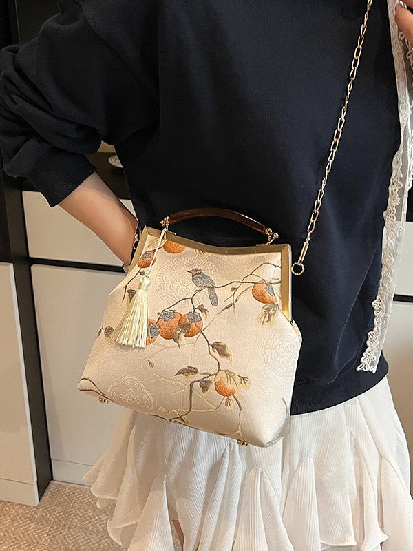 Chinese Style Silk Persimmon Bird Jacquard Bags