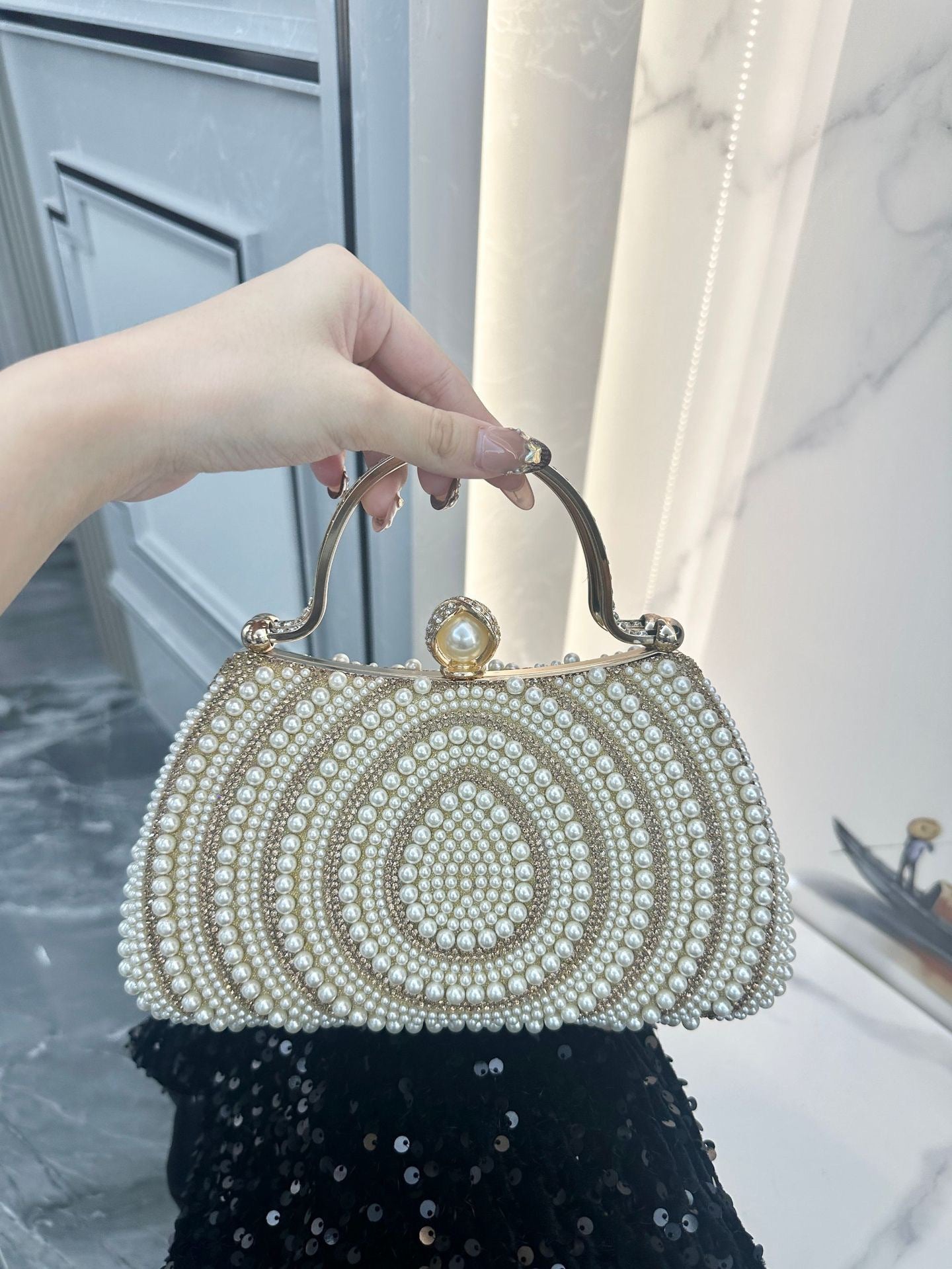 Women's Pearl Banquet Dress Diamond Clutch Dinner Bag