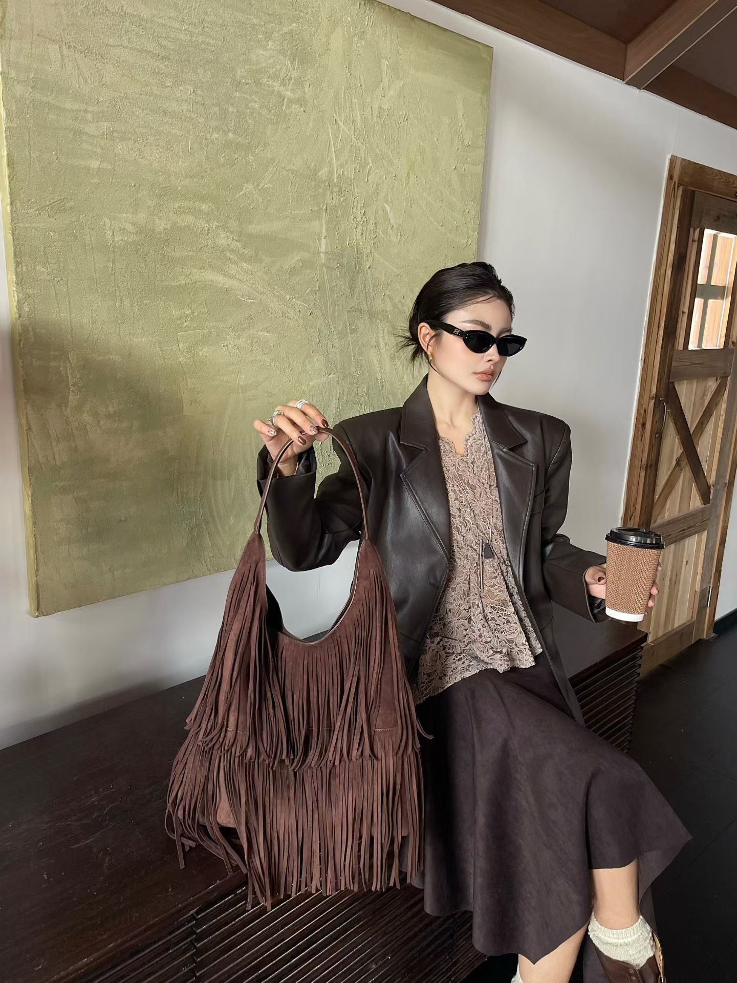 Women's Style Vintage Cowhide Tassel Niche Underarm Suede Bags