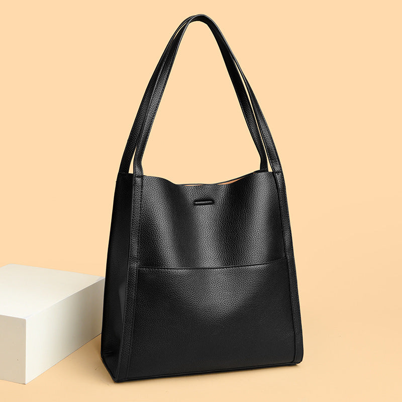 Women's Simple Commute Waterproof Soft Leather Shopping Bucket Bags