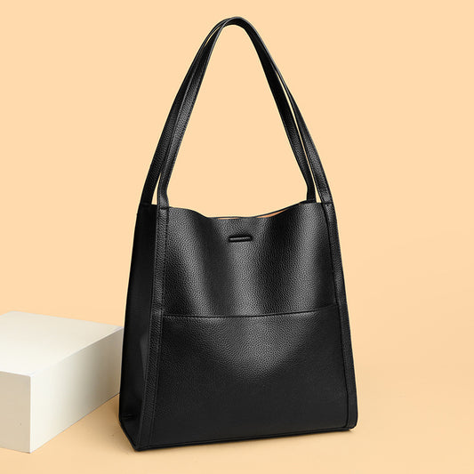 Women's Simple Commute Waterproof Soft Leather Shopping Bucket Bags