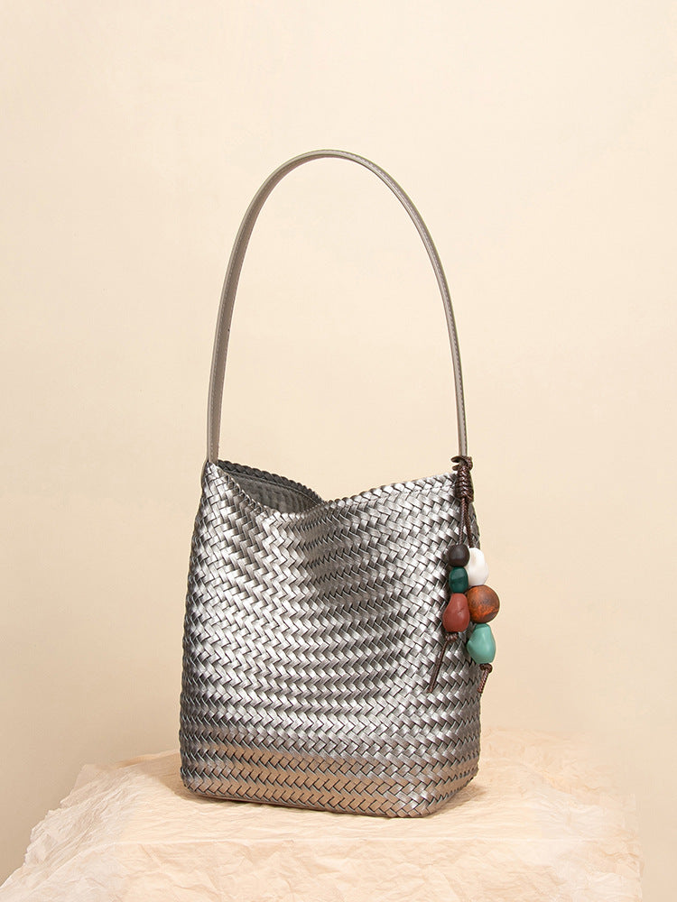 Tanned Soft Leather Woven Large Capacity Design Bucket Bag