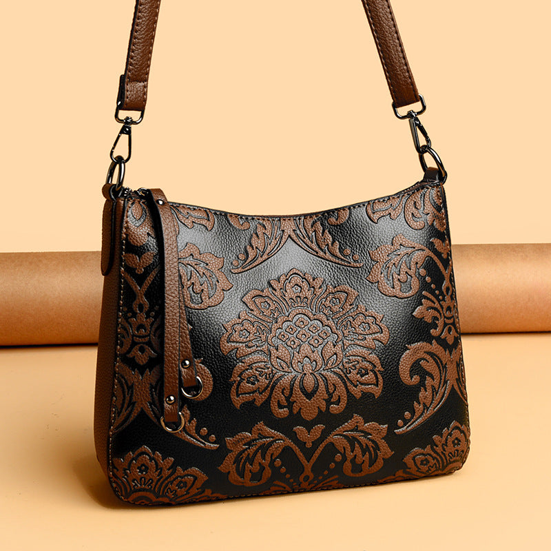 Women's Chinese Style Mother Soft Leather Embossed Women's Messenger Bag