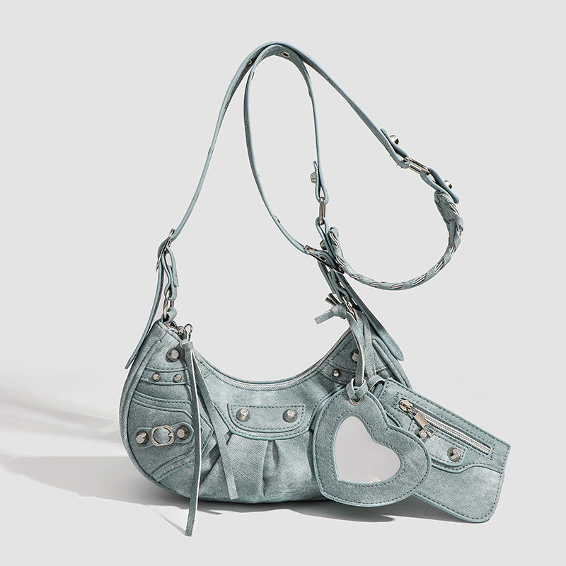 Motorcycle Denim Underarm Diamond Rivet Crocodile Women's Shoulder Bag