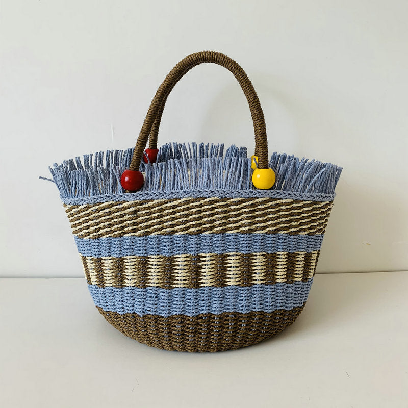 Vacation Style Beach Vegetable Basket Portable Wooden Bead Straw Twill Women's Handbag