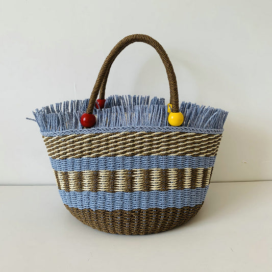 Vacation Style Beach Vegetable Basket Portable Wooden Bead Straw Twill Women's Handbag