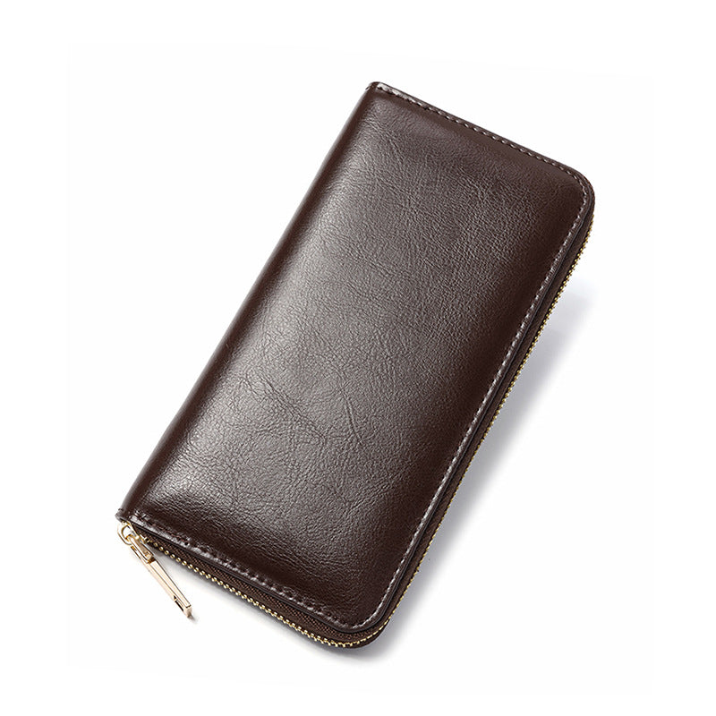 Women's Oil Wax Grain Cowhide Zip Long Genuine Leather Large Ladies Wallet