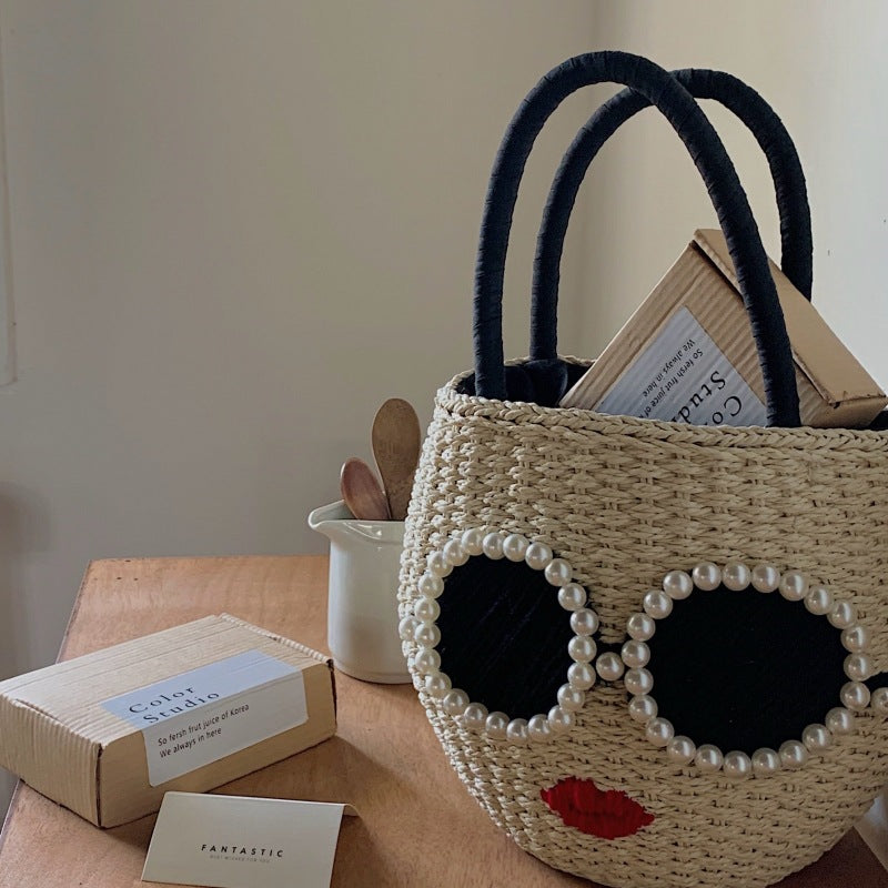 Red Lips Straw Fashion Rattan Hand Cute Cartoon Style Water Women's Handbag