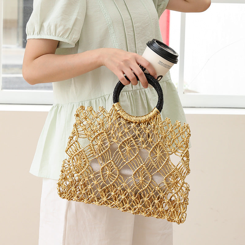 Women's Handmade Woven Fashion Drawstring Polyester Hollow Contrast Bags