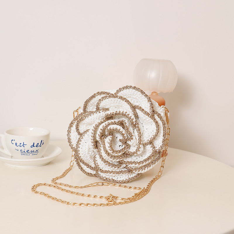 Penh Three-dimensional Camellia Straw Flowers Woven Seaside Women's Shoulder Bag